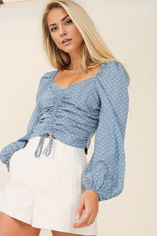 Ruched Polka Dot Crop with Puff Sleeves