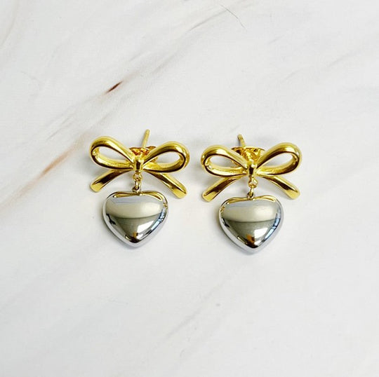 18k Gold Plated Mini Bow Mini Heart Earrings
