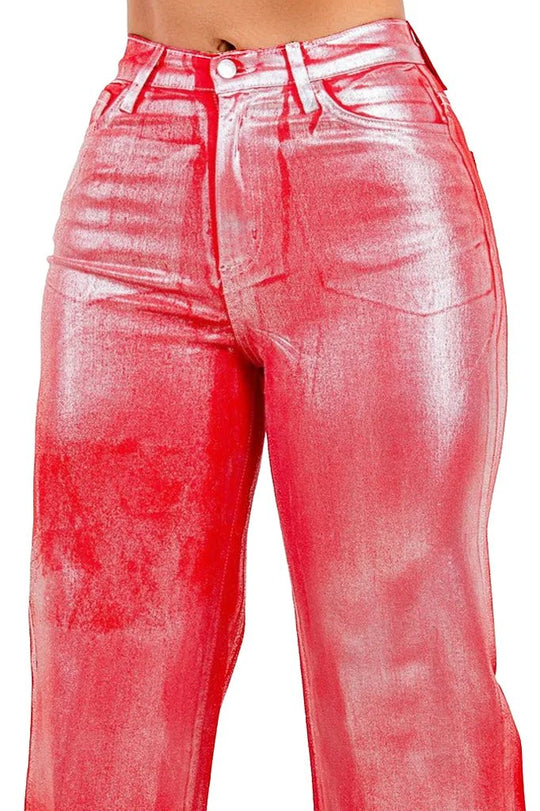 Constance Metallic Wide Leg Jean in Red