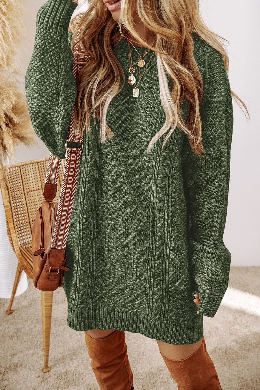 Parchment Cable Knit Drop Shoulder Loose Fit Sweater Dress