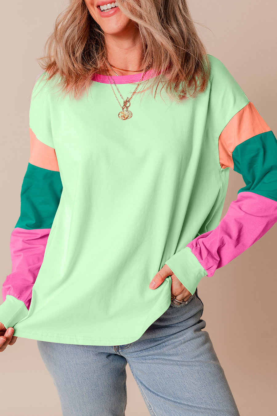 Green Colorblock Patchwork Long Sleeve Loose Top