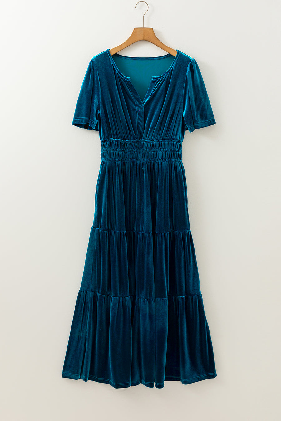 Evergreen Velvet Short Sleeve Shirred Waist Tiered Maxi Dress