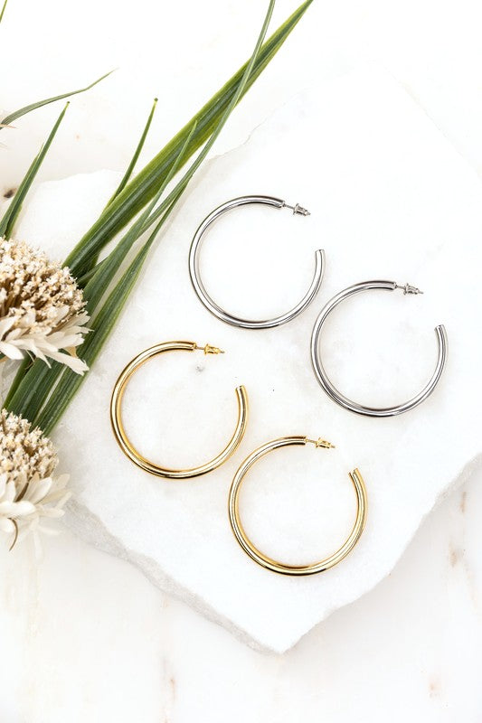 Aili's Corner 14K STAINLESS STEEL OPEN HOOP EARRINGS