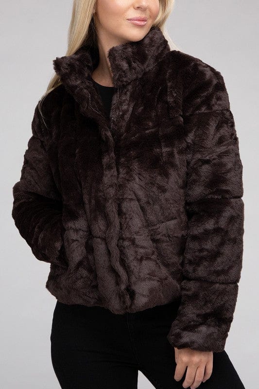 Coats Chocolate / S Fluffy Zip-Up Sweater Jacket