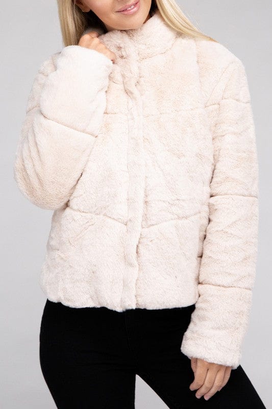 Coats Taupe / S Fluffy Zip-Up Sweater Jacket