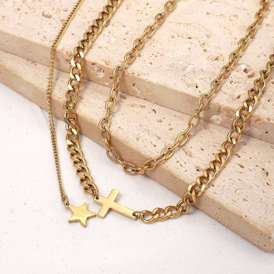 18K Gold Cross and Star Pendant Double Layer Necklace