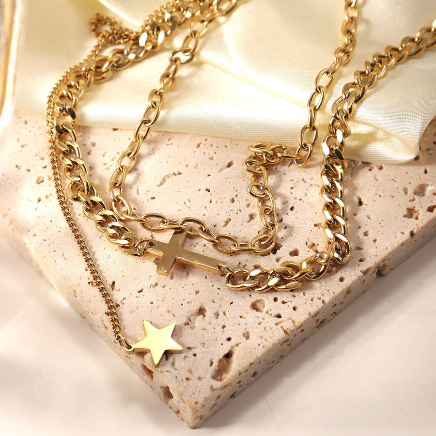 18K Gold Cross and Star Pendant Double Layer Necklace