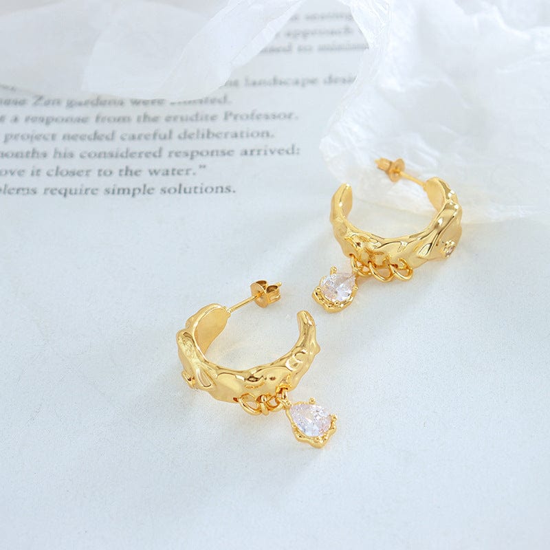 18K Gold C-shaped Earrings with Zircon Tassel