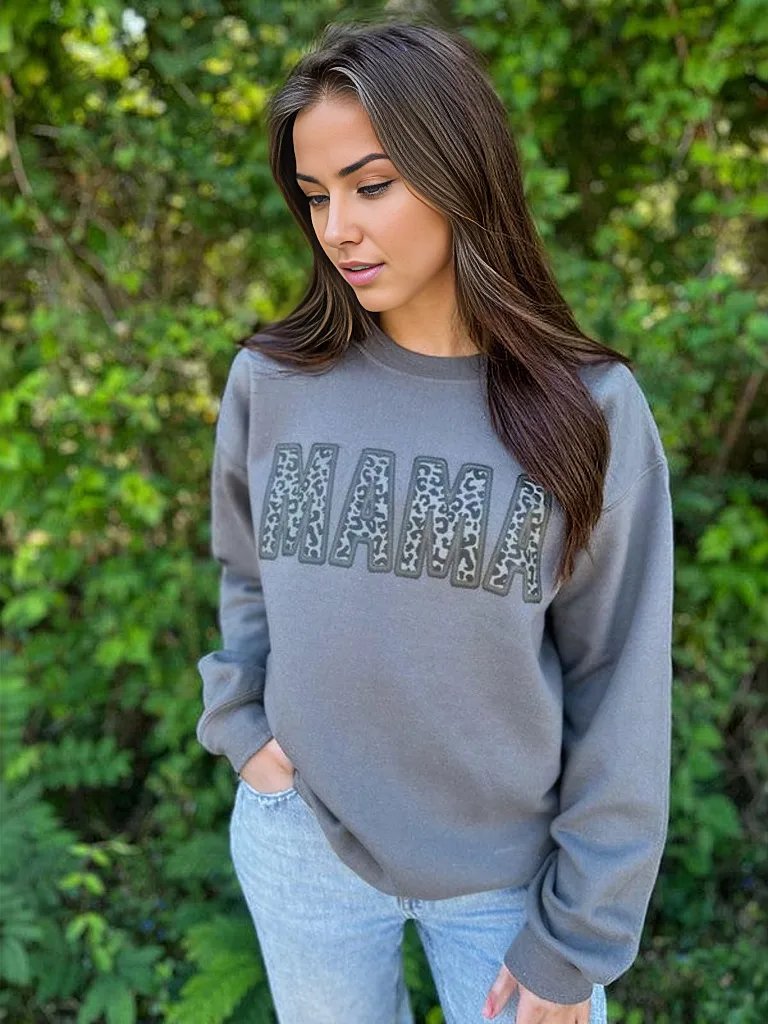 Faux Embroidery Leopard Mama Sweatshirt