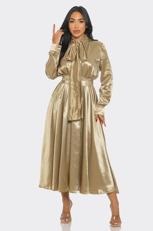 Athina GOLD / S Satin Bow-Tie Midi Dress