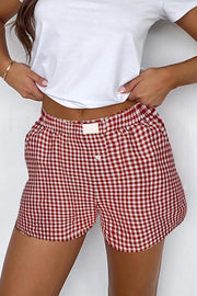 Bella Love Boutique California LLC Bottoms/Casual Shorts Red Stripe / S / 100%Polyester Red Plaid Gingham Printed High Waist Shorts