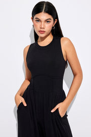 Black Cinched Waist Sleeveless Wide Leg Jumpsuit