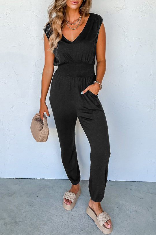 Bella Love Boutique California LLC Bottoms/Jumpsuits & Rompers Black / S / 65%Polyester+30%Cotton+5%Elastane Black Shirred High Waist Sleeveless V Neck Jumpsuit