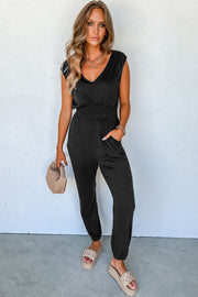 Bella Love Boutique California LLC Bottoms/Jumpsuits & Rompers Black Shirred High Waist Sleeveless V Neck Jumpsuit