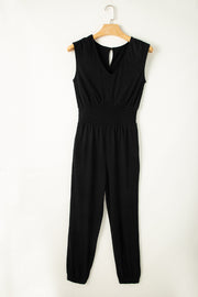 Bella Love Boutique California LLC Bottoms/Jumpsuits & Rompers Black Shirred High Waist Sleeveless V Neck Jumpsuit