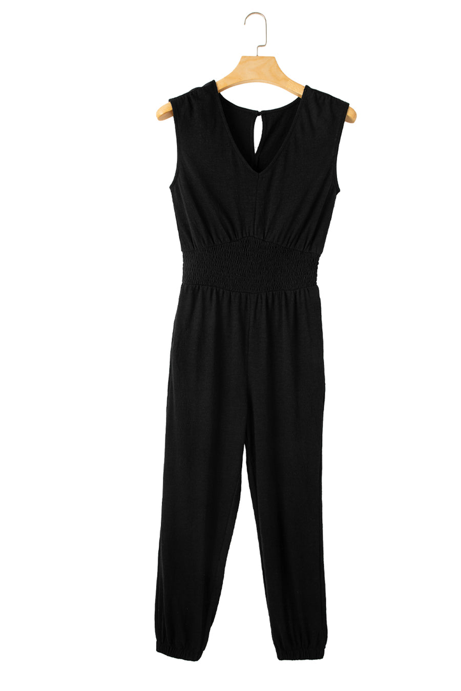 Bella Love Boutique California LLC Bottoms/Jumpsuits & Rompers Black Shirred High Waist Sleeveless V Neck Jumpsuit