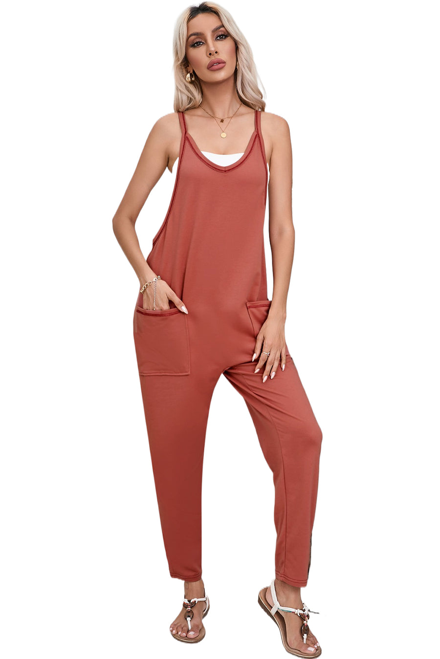 Bella Love Boutique California LLC Bottoms/Jumpsuits & Rompers Gold Flame Side Pockets Harem Pants Sleeveless V Neck Jumpsuit