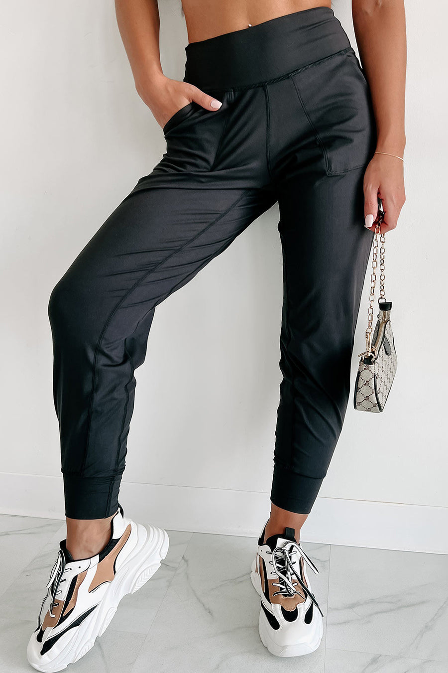 Bella Love Boutique California LLC Bottoms/Pants & Culotte Black / S / 100%Polyester Black Exposed Seam High Waist Pocketed Joggers