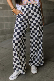 Bella Love Boutique California LLC Bottoms/Pants & Culotte Black / S / 95%Polyester+5%Elastane Black 2-Tone Checked Print High Waist Wide Leg Pants