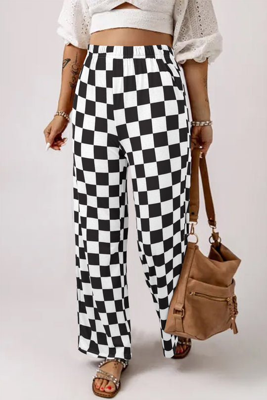 Bella Love Boutique California LLC Bottoms/Pants & Culotte Black / S / 95%Polyester+5%Elastane Black 2-Tone Checked Print High Waist Wide Leg Pants