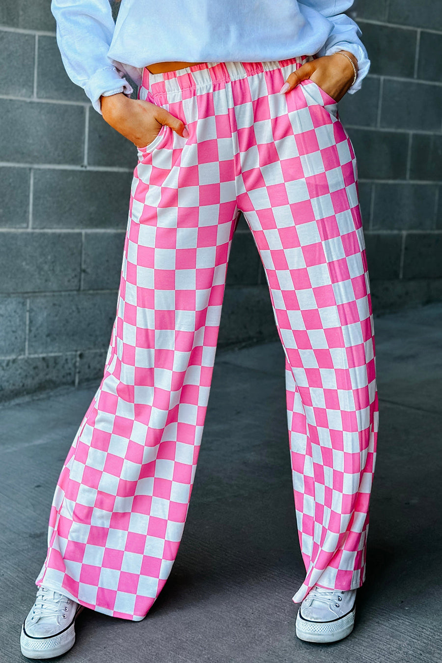 Bella Love Boutique California LLC Bottoms/Pants & Culotte Bonbon / S / 95%Polyester+5%Elastane Black 2-Tone Checked Print High Waist Wide Leg Pants