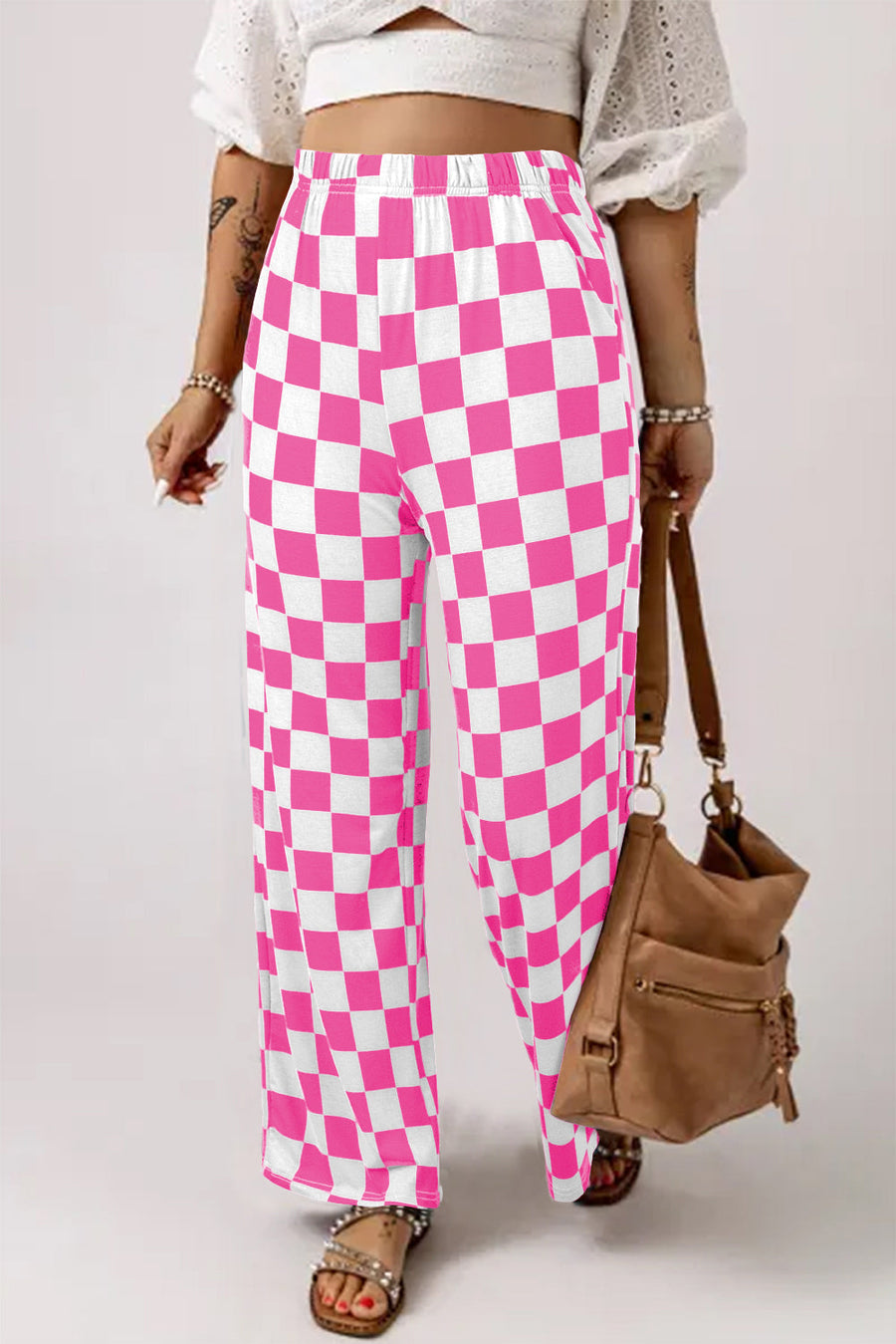 Bella Love Boutique California LLC Bottoms/Pants & Culotte Bonbon / S / 95%Polyester+5%Elastane Black 2-Tone Checked Print High Waist Wide Leg Pants