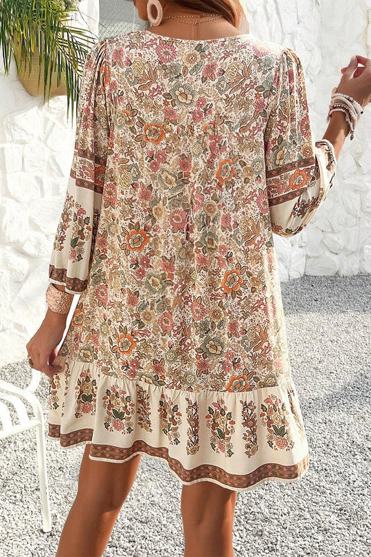 Bella Love Boutique California LLC Dresses/Floral Dresses Apricot Floral Print Tassel Drawstring V Neck Loose Mini Dress