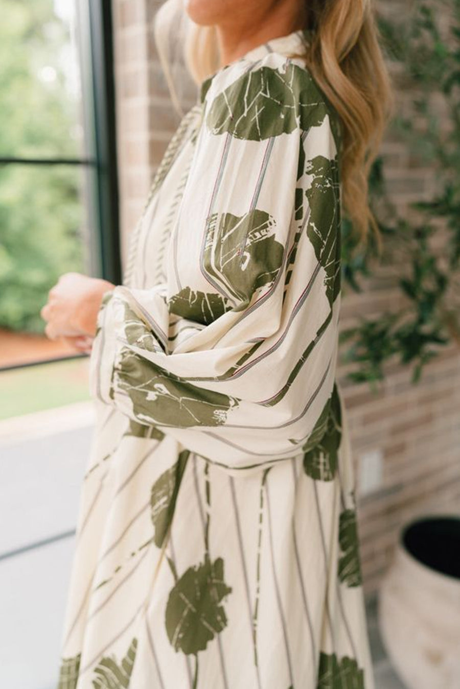 Bella Love Boutique California LLC Dresses/Floral Dresses Guacamole Green Floral Striped Print Contrast Piping Puff Sleeve Dress