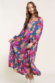 Bella Love Boutique California LLC Dresses/Floral Dresses Multicolour Floral Print Square Neck Ruffled High Waist Dress