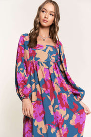 Bella Love Boutique California LLC Dresses/Floral Dresses Multicolour Floral Print Square Neck Ruffled High Waist Dress