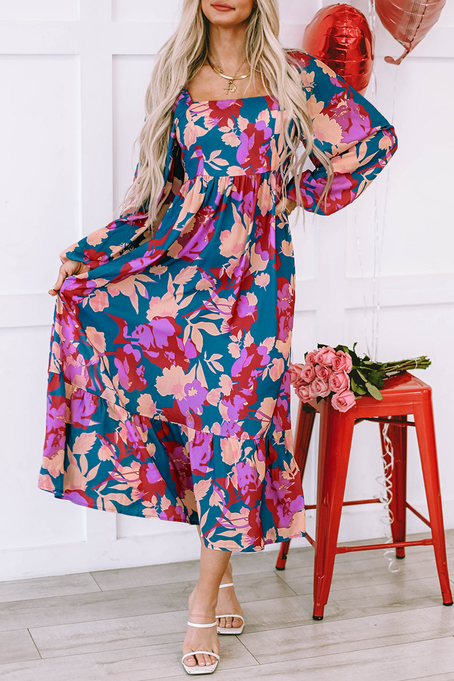 Bella Love Boutique California LLC Dresses/Floral Dresses Multicolour Floral Print Square Neck Ruffled High Waist Dress