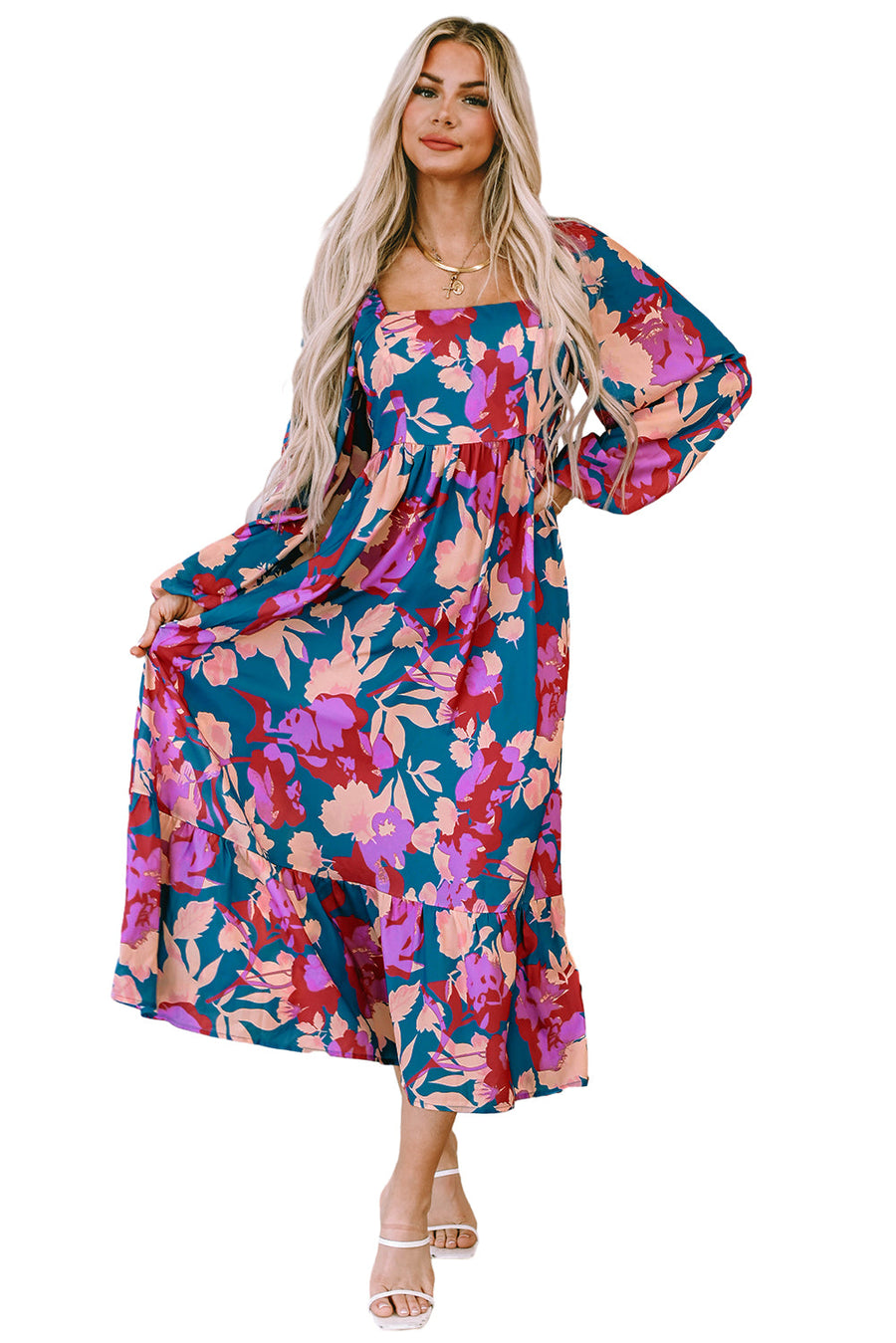 Bella Love Boutique California LLC Dresses/Floral Dresses Multicolour Floral Print Square Neck Ruffled High Waist Dress