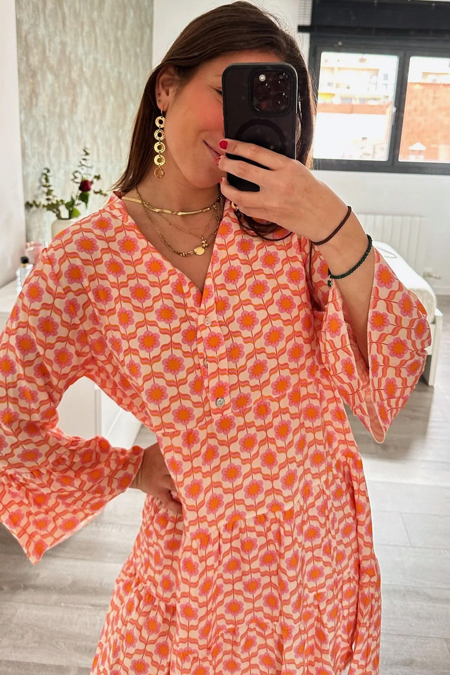 Bella Love Boutique California LLC Dresses/Floral Dresses Orange Floral Print Flounce Sleeve Buttoned Front Mini Dress