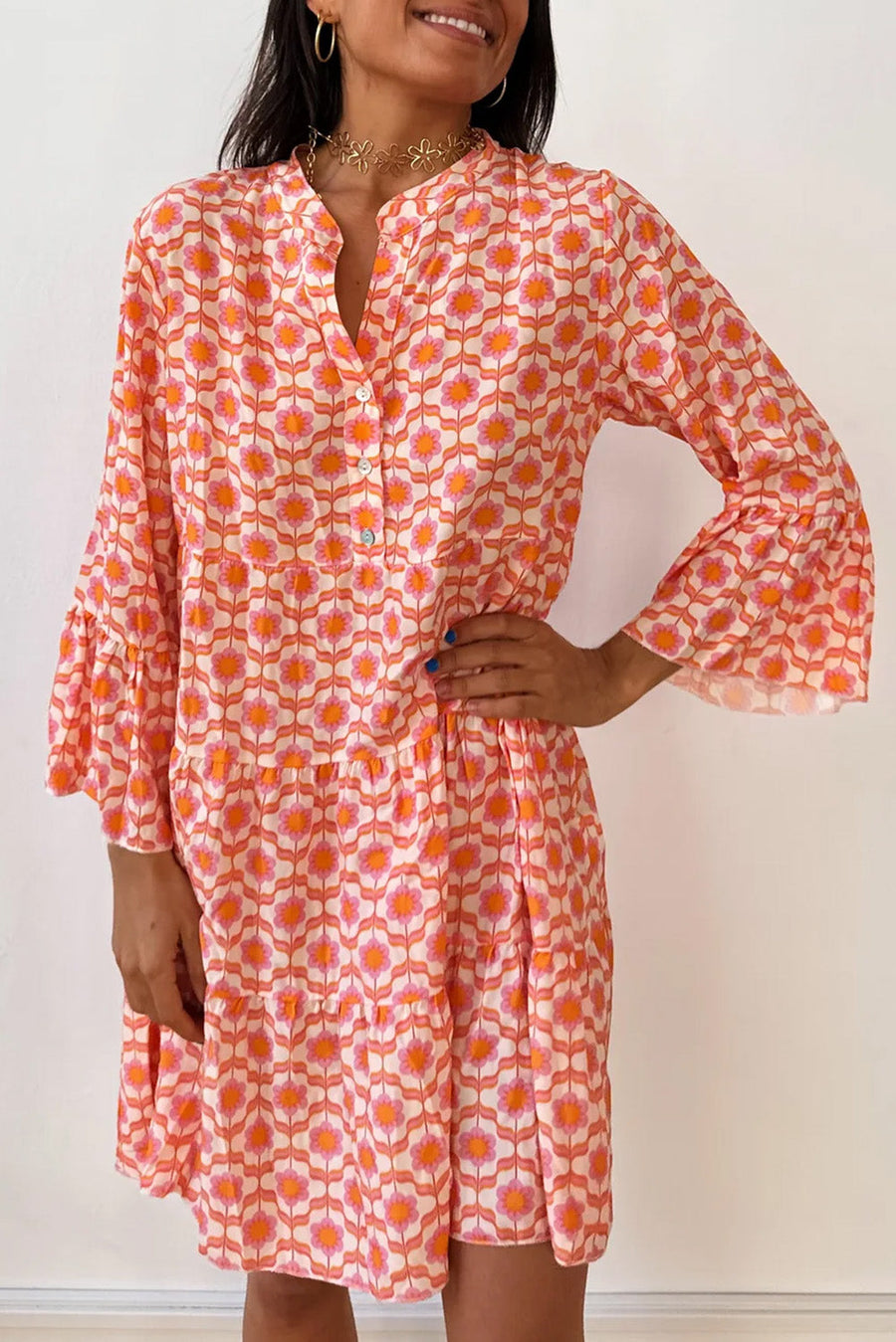 Bella Love Boutique California LLC Dresses/Floral Dresses Orange / S / 100%Polyester Orange Floral Print Flounce Sleeve Buttoned Front Mini Dress