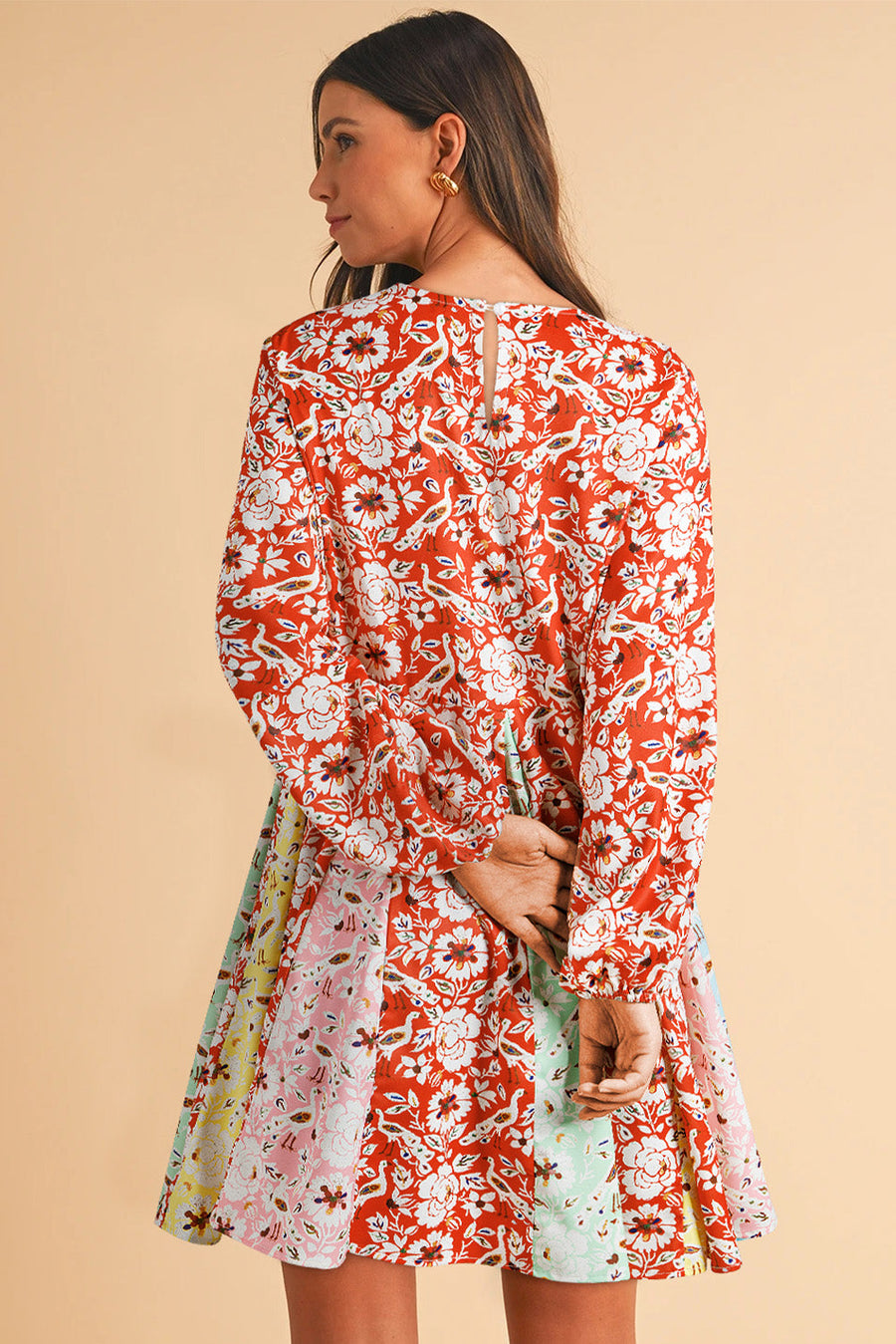 Bella Love Boutique California LLC Dresses/Floral Dresses Red Colorful Floral Patchwork Long Sleeve Pleated Mini Dress