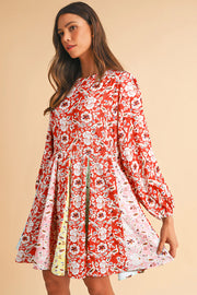 Bella Love Boutique California LLC Dresses/Floral Dresses Red Colorful Floral Patchwork Long Sleeve Pleated Mini Dress