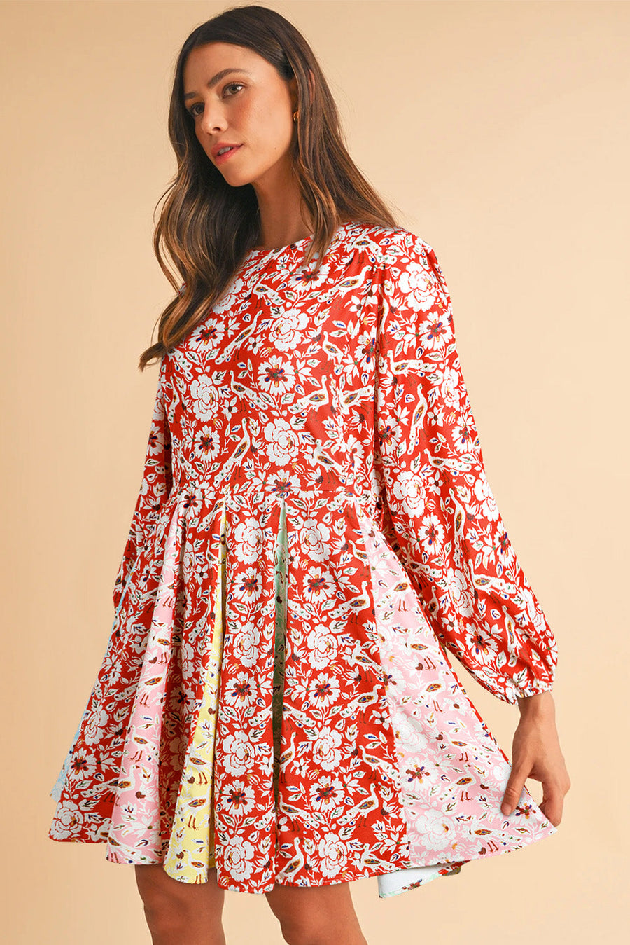 Bella Love Boutique California LLC Dresses/Floral Dresses Red Colorful Floral Patchwork Long Sleeve Pleated Mini Dress
