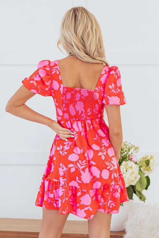 Bella Love Boutique California LLC Dresses/Floral Dresses Red Floral Bubble Sleeve Sweetheart Neck Ruffled Mini Dress