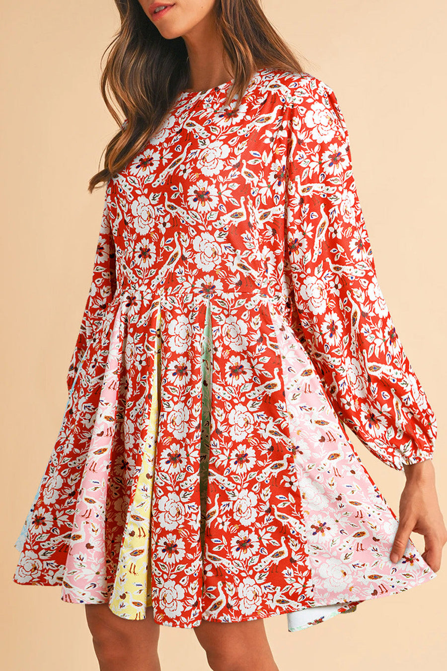Bella Love Boutique California LLC Dresses/Floral Dresses Red / S / 100%Polyester Red Colorful Floral Patchwork Long Sleeve Pleated Mini Dress