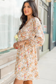 Bella Love Boutique California LLC Dresses/Floral Dresses Yellow Boho Floral V Neck Ruffled Empire Waist Long Sleeve Mini Dress