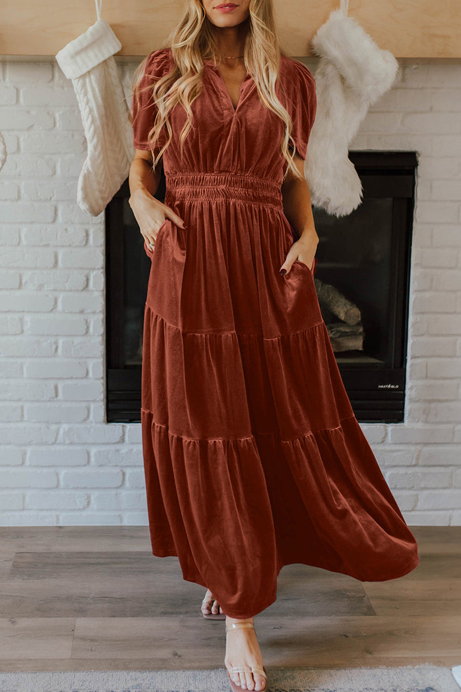 Bella Love Boutique California LLC Dresses/Maxi Dresses Chestnut / S / 95%Polyester+5%Elastane Evergreen Velvet Short Sleeve Shirred Waist Tiered Maxi Dress