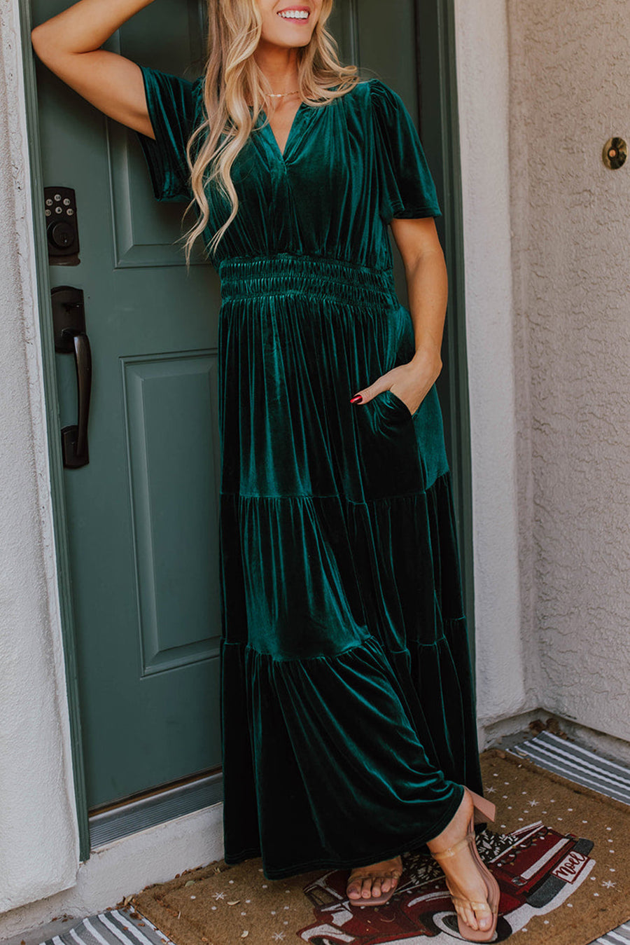 Bella Love Boutique California LLC Dresses/Maxi Dresses Evergreen / S / 95%Polyester+5%Elastane Evergreen Velvet Short Sleeve Shirred Waist Tiered Maxi Dress