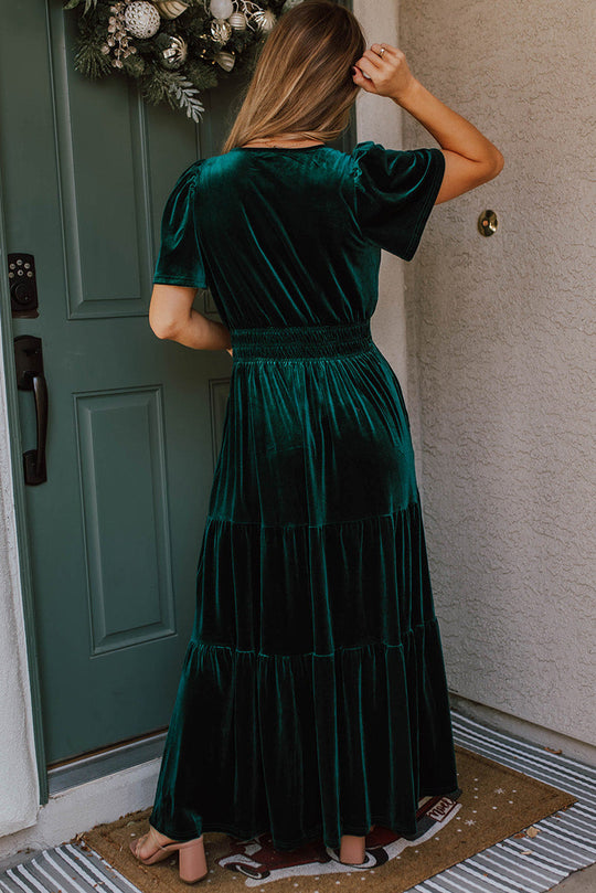 Bella Love Boutique California LLC Dresses/Maxi Dresses Evergreen Velvet Short Sleeve Shirred Waist Tiered Maxi Dress