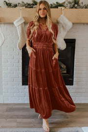 Bella Love Boutique California LLC Dresses/Maxi Dresses Evergreen Velvet Short Sleeve Shirred Waist Tiered Maxi Dress