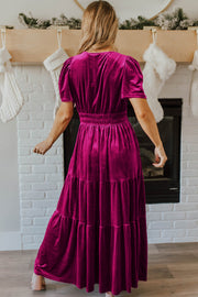 Bella Love Boutique California LLC Dresses/Maxi Dresses Evergreen Velvet Short Sleeve Shirred Waist Tiered Maxi Dress