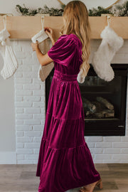 Bella Love Boutique California LLC Dresses/Maxi Dresses Evergreen Velvet Short Sleeve Shirred Waist Tiered Maxi Dress