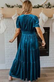 Bella Love Boutique California LLC Dresses/Maxi Dresses Evergreen Velvet Short Sleeve Shirred Waist Tiered Maxi Dress