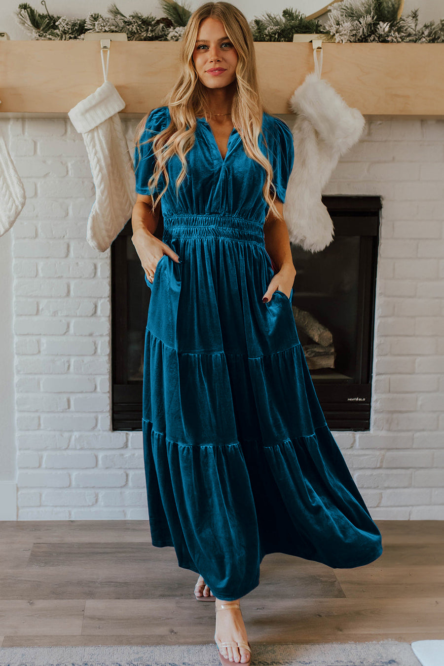 Bella Love Boutique California LLC Dresses/Maxi Dresses Evergreen Velvet Short Sleeve Shirred Waist Tiered Maxi Dress