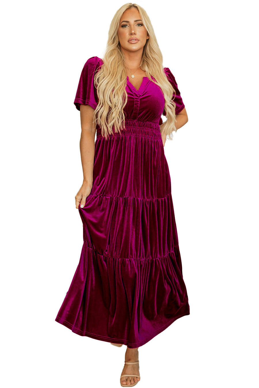 Bella Love Boutique California LLC Dresses/Maxi Dresses Evergreen Velvet Short Sleeve Shirred Waist Tiered Maxi Dress