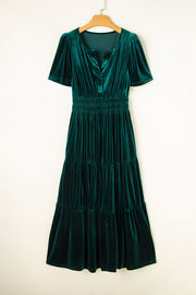 Bella Love Boutique California LLC Dresses/Maxi Dresses Evergreen Velvet Short Sleeve Shirred Waist Tiered Maxi Dress